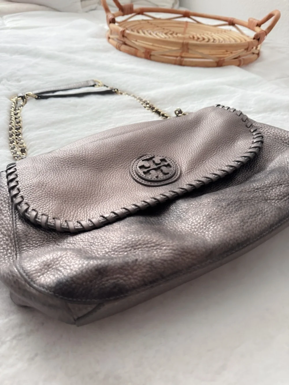 Tory Burch Marion Whipstitch Leather Saddle Bag Metallic Pewter